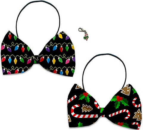 Old Fashioned Christmas - Holiday Themed Bowtie 2-Pack set with Charm Accessory for Dogs or Cats - Daisey's Doggie Chic