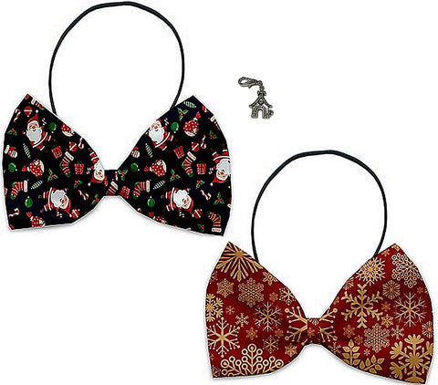 Santa's Party - Holiday Themed Bowtie 2-Pack set with Charm Accessory for Dogs or Cats - Daisey's Doggie Chic