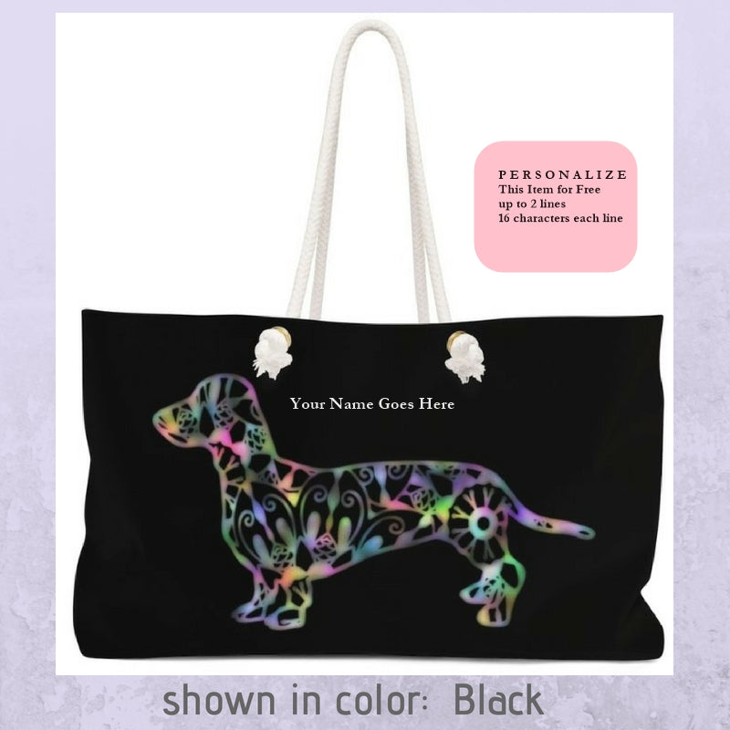 A Dachshund Weekender Bag - Color Black - Oversized Tote - Free Personalization - Daisey's Doggie Chic