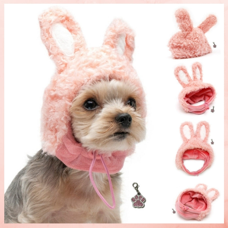 Plush Pink Bunny Hat with Bunny Ears- Includes Charm Accessory - Pet Sizes XS to XL - Daisey's Doggie Chic