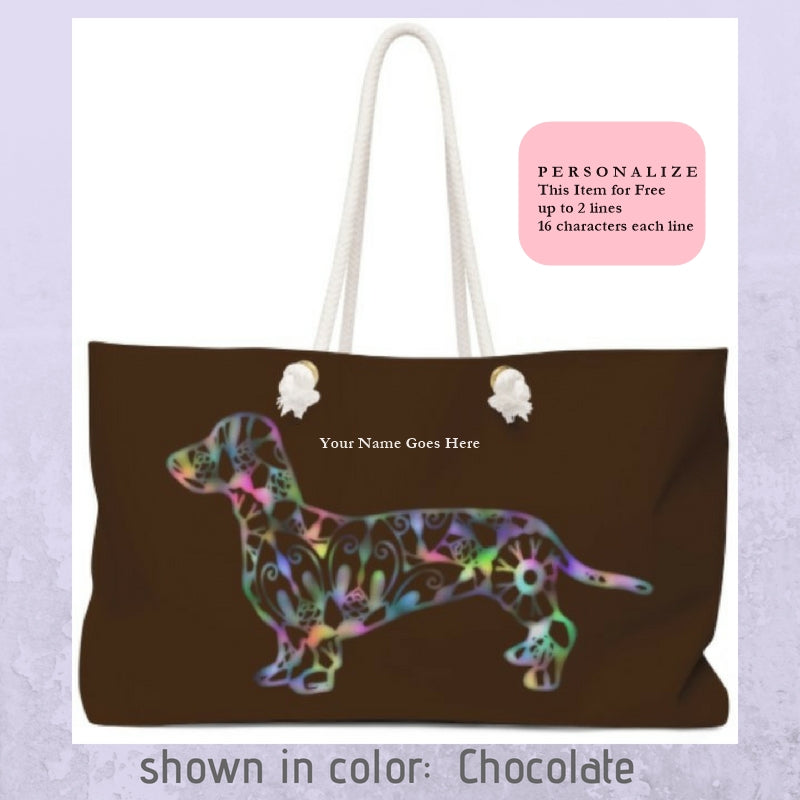 A Dachshund Weekender Bag - in Color Chocolate - Oversized Tote - Free Personalization - Daisey's Doggie Chic