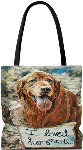 Exclusive Custom Dog Art Tote - I Loved Her First - Golden Retriever -Choice of Tall Tote or oversized Weekender Bags - personalize - Daisey's Doggie Chic