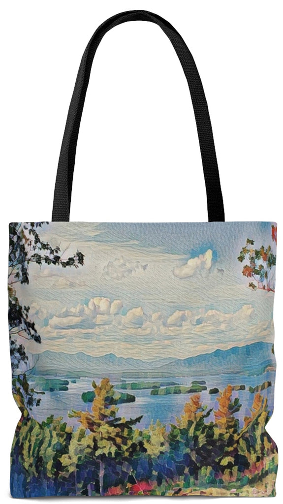 Exclusive Custom Art Weekender Tote Bag features View of Lake - Oversized Carry All Bags - personalize - Daisey's Doggie Chic