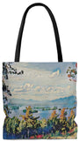 Exclusive Custom Art Weekender Tote Bag features View of Lake - Oversized Carry All Bags - personalize - Daisey's Doggie Chic