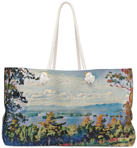 Exclusive Custom Art Weekender Tote Bag features View of Lake - Oversized Carry All Bags - personalize - Daisey's Doggie Chic