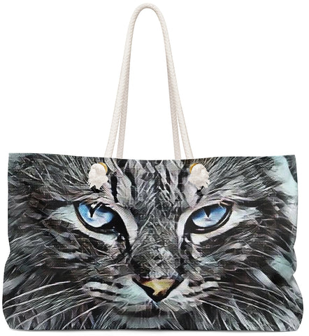Exclusive Cat Art Tote - Metallic Wild Cat Eyes Angora Cat  - Choice of Tall Tote Bags or oversized Weekender Bag - personalize - Daisey's Doggie Chic
