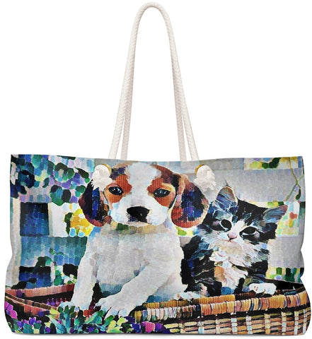 Exclusive Pet Art Tote -  features Puppy & Kitten in Flower Basket Artwork Choice of oversized Weekender or Tall Tote Bags - personalize - Daisey's Doggie Chic