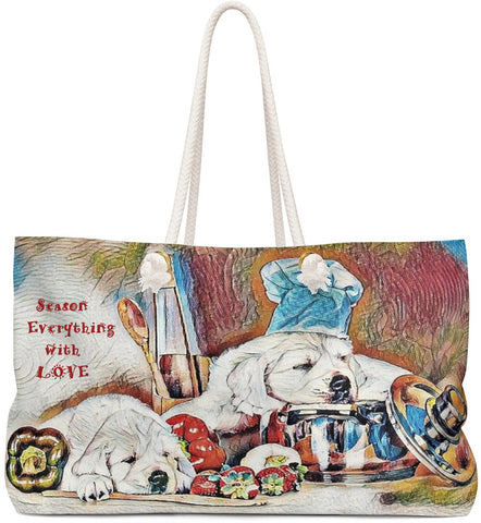 Exclusive Pet Art Tote - Candy Les Bones Chef -Season Everything with LOVE - Dogs in the Kitchen - Choice of Weekender or Tall Tote Bags - personalize - Daisey's Doggie Chic