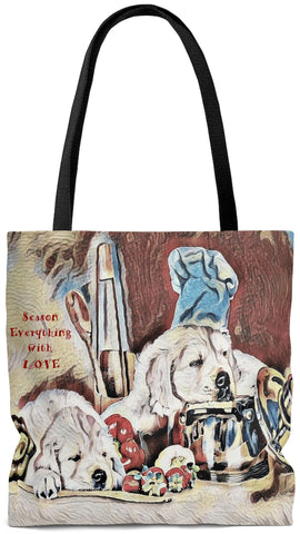Exclusive Pet Art Tote - Toffee Les Bones Chef -Season Everything with LOVE - Dogs in the Kitchen - Choice of Weekender or Tall Tote Bags - personalize - Daisey's Doggie Chic