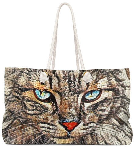 Exclusive Cat Art Tote - Bronze Wild Cat Eyes Angora Cat  - Choice of Tall Tote Bags or oversized Weekender Bag - personalize - Daisey's Doggie Chic