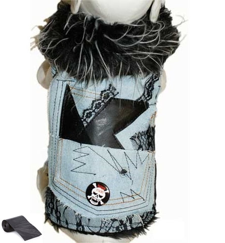 Denim & Lace Faux Fur Collar Jacket Vest Set in Denim Blue - Daisey's Doggie Chic