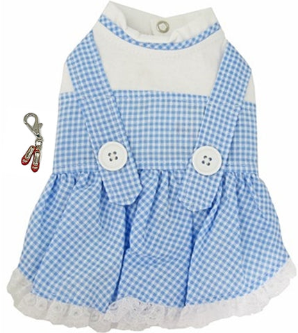 Dorothy "Wizard of Oz" Dog Costume Dress includes 1 Ruby Red Slippers Charm - Color Blue Gingham Check - Daisey's Doggie Chic