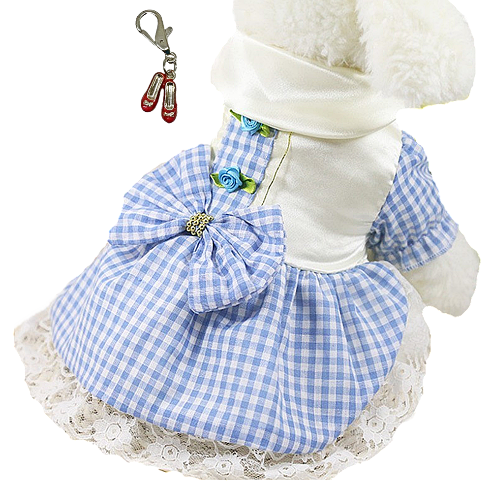 Dorothy Wizard of Oz Dog Costume in Gingham Check and Ruby Red Slippers Charm - Daisey's Doggie Chic