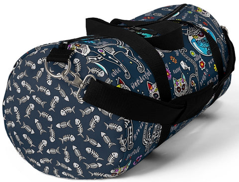 Exclusive Cat Art Duffel Bag - Spooky Skeletal Cats & Fish Bones - Sugar Skull Theme - Choice of Color & Size - personalize - Daisey's Doggie Chic