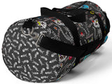 Exclusive Cat Art Duffel Bag - Spooky Skeletal Cats & Fish Bones - Sugar Skull Theme - Choice of Color & Size - personalize - Daisey's Doggie Chic