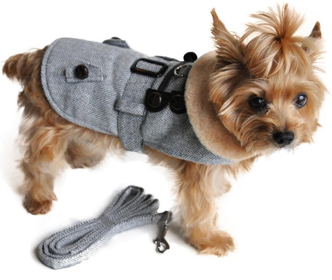 Gray Herringbone Faux Minky Fur Harness Toggle Jacket with Matching Leash - Daisey's Doggie Chic