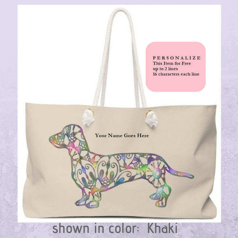 A Dachshund Weekender Bag - Color Khaki - Oversized Tote - Free Personalization - Daisey's Doggie Chic