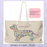 A Dachshund Weekender Bag - Color Khaki - Oversized Tote - Free Personalization - Daisey's Doggie Chic