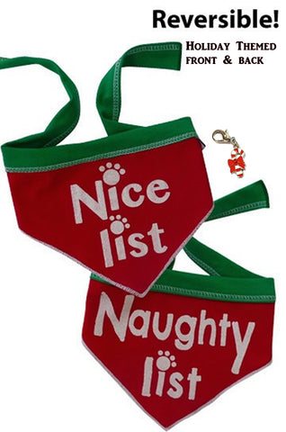 Naughty or Nice Reversible Holiday Scarf with Clip on Charm - color Red/Green - Daisey's Doggie Chic