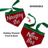 Naughty or Nice Reversible Holiday Scarf with Clip on Charm - color Red/Green - Daisey's Doggie Chic