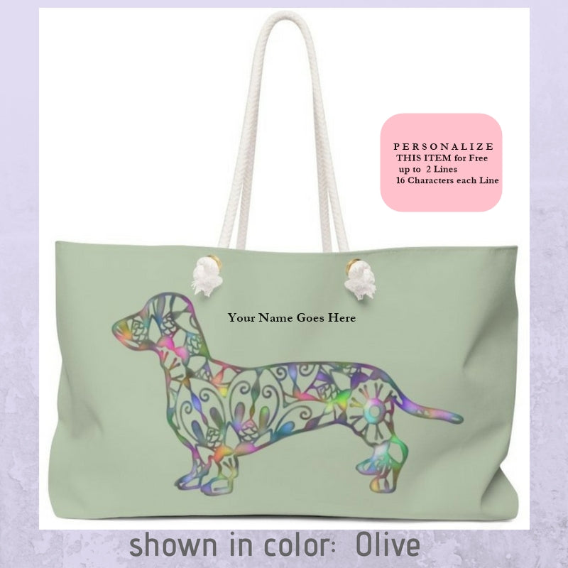 A Dachshund Weekender Bag - Color Olive - Oversized Tote - Free Personalization - Daisey's Doggie Chic