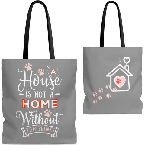 Carryall Tote Bag - House not a Home Without Paw Prints - 2-sided theme  - in Sizes S,M L - Gray/Pink - Personalize it Free - Daisey's Doggie Chic