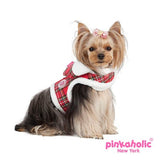 Santa's Pinka "Pinkaholic NY" Holiday Hooded Harness Vest in Red Plush or Red Plaid - Daisey's Doggie Chic