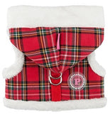Santa's Pinka "Pinkaholic NY" Holiday Hooded Harness Vest in Red Plush or Red Plaid - Daisey's Doggie Chic