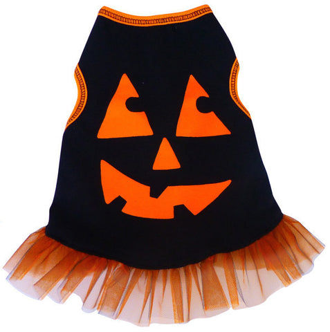 "Pumpkin Face" Tulle Skirted Tank Dress in color Black/Orange - Daisey's Doggie Chic