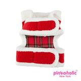 Santa's Pinka "Pinkaholic NY" Holiday Hooded Harness Vest in Red Plush or Red Plaid - Daisey's Doggie Chic