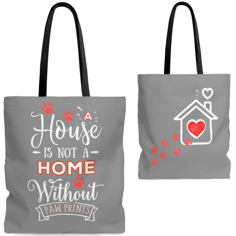 Carryall Tote Bag - House not a Home Without Paw Prints Theme on 2-Sides - Gray/Red  - in Sizes S,M,L - Personalize it Free - Daisey's Doggie Chic