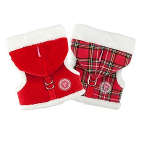 Santa's Pinka "Pinkaholic NY" Holiday Hooded Harness Vest in Red Plush or Red Plaid - Daisey's Doggie Chic