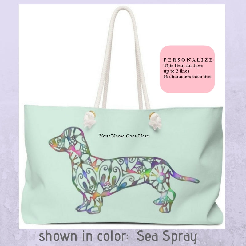 A Dachshund Weekender Bag - Color Sea Spray- Oversized Tote – Free Personalization - Daisey's Doggie Chic
