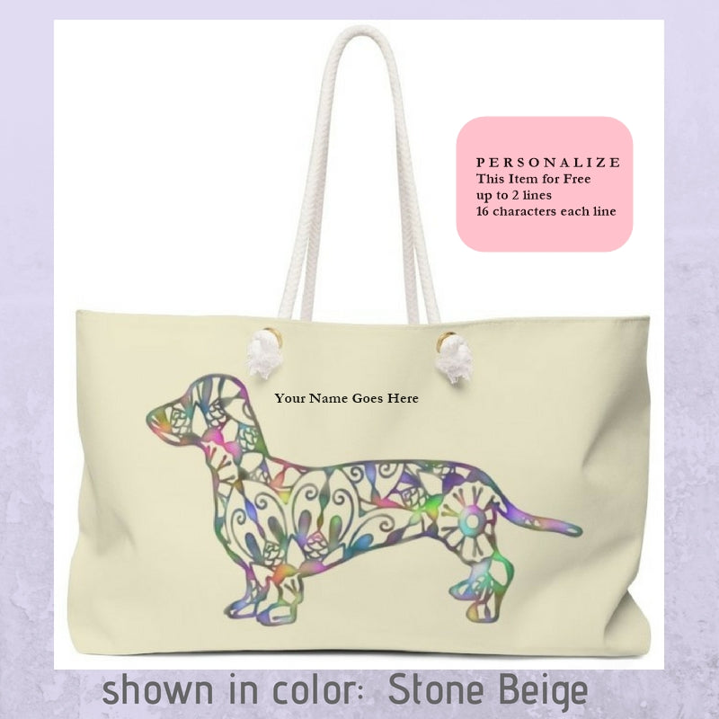 A Dachshund Weekender Bag - Color Stone Beige - Oversized Tote – Free Personalization - Daisey's Doggie Chic