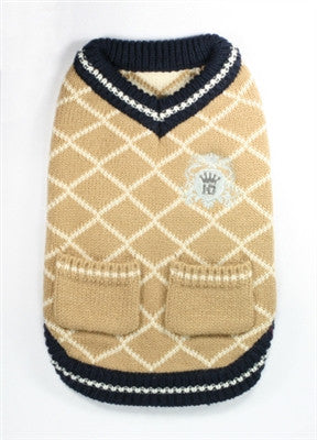 Royal Crest V-Neck Argyle Sweater for dogs in color Cream Mocha - Daisey's Doggie Chic