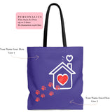 Carryall Tote Bag - House not a Home Without Paw Prints - 2-sided theme  - in Sizes S,M,L - Royal Blue - Personalize it Free - Daisey's Doggie Chic
