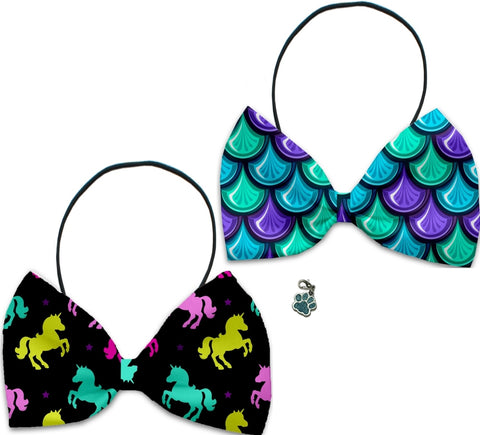 Mermaids & Unicorns  - Fun Party Themed Bowtie 2-Pack set with Charm Accessory for Dogs or Cats - Daisey's Doggie Chic