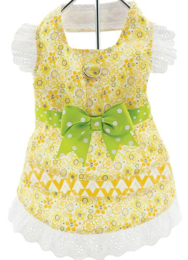 Yellow Daisies Floral and Lace Party Harness Dress with Charm and matching Leash - Daisey's Doggie Chic