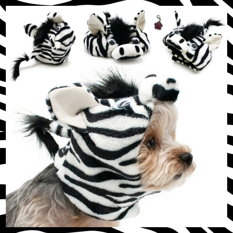 Plush Zebra Hat with Mane and Tail - Includes Charm Accessory - Pet Sizes XS to XL - Daisey's Doggie Chic