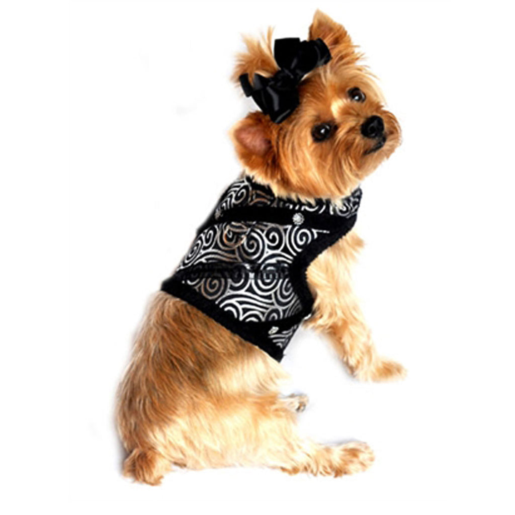 Doggie Design "Black Silver Brocade" Jeweled Plush Minky Fur Harness Vest with matching Leash - Daisey's Doggie Chic