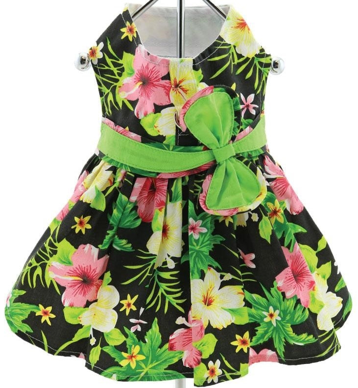 Black Hibiscus Hawaiian Floral Party Harness Dress with Charm and matching Leash - Daisey's Doggie Chic