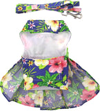 Blue Hibiscus Hawaiian Floral Party Harness Dress with Charm and matching Leash - Daisey's Doggie Chic
