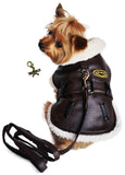 Aviator Bomber Pilot Jacket Harness with Airplane Themed Charm & Leash in color Chocolate - Daisey's Doggie Chic