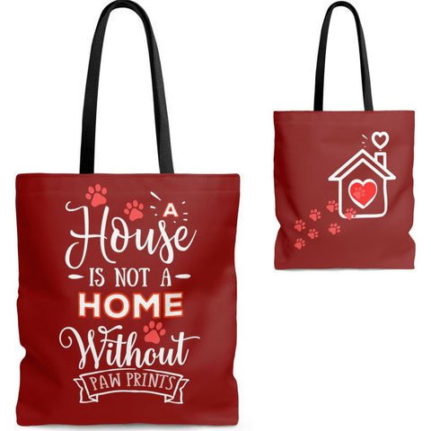 Carryall Tote Bag - House not a Home Without Paw Prints - 2-Sided Design - Brick Red  - in Sizes S,M,L - Personalize it Free - Daisey's Doggie Chic