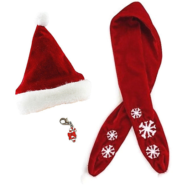 Red Velvet Santa Hat and Snowflake Scarf set with Candy Cane Charm