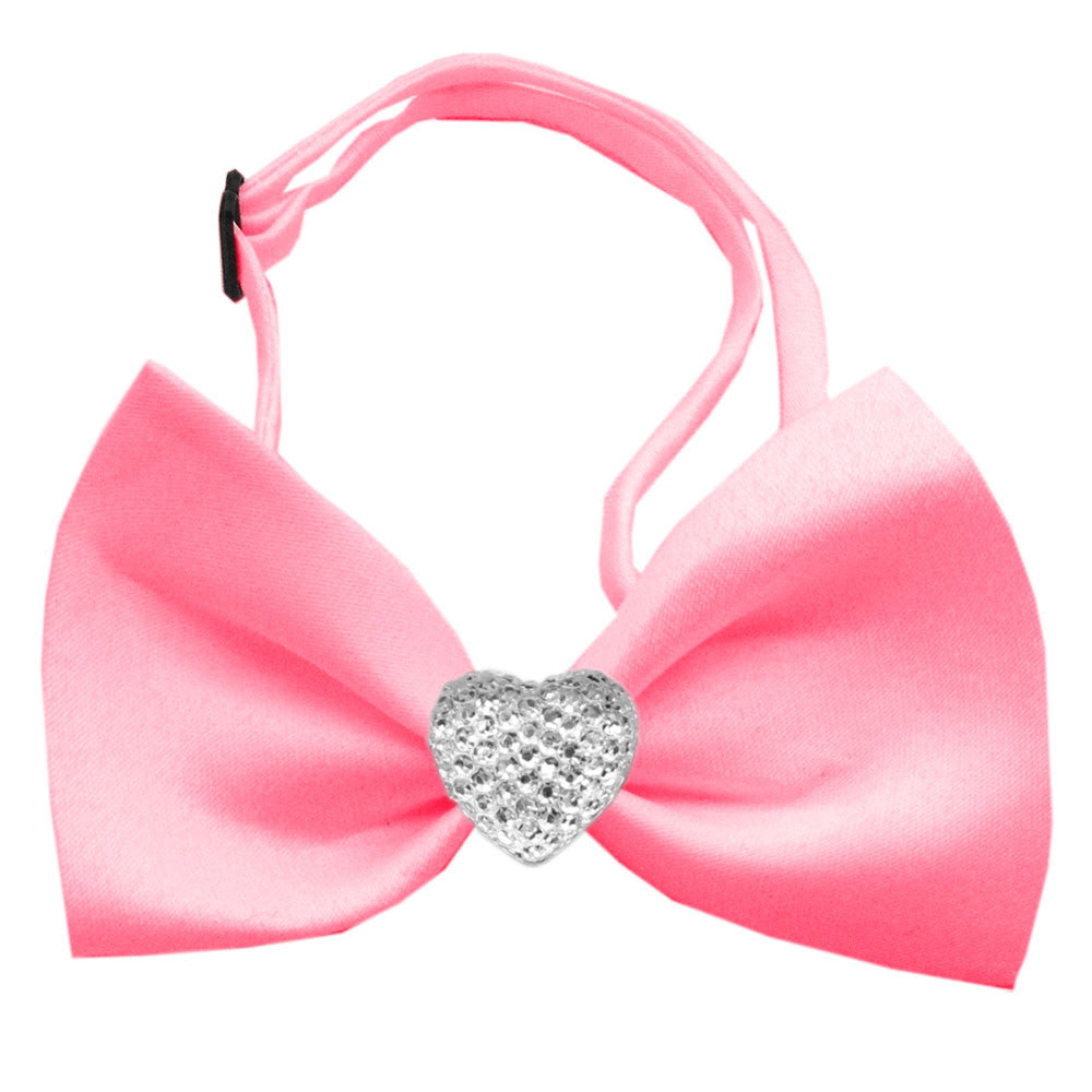 Classic Crystal Heart Satin Bow Tie for Small Dogs in Color Bubble Gum Pink - Daisey's Doggie Chic