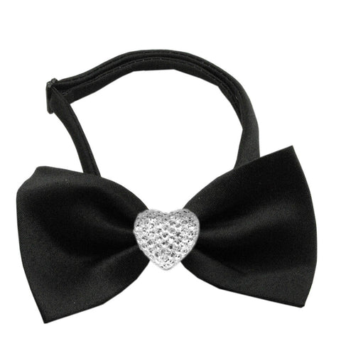 Classic Crystal Heart Satin Bow Tie for Small Dogs in Color Black - Daisey's Doggie Chic