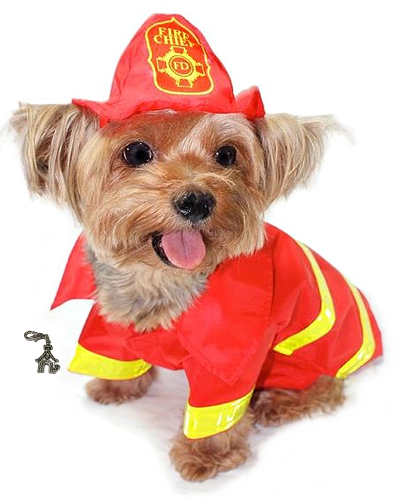 Cute Doggie Fireman Fire Chief Costume Raincoat with Helmet Style Hat in color Red/Yellow - Daisey's Doggie Chic