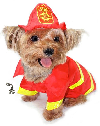 Cute Doggie Fireman Fire Chief Costume Raincoat with Helmet Style Hat in color Red/Yellow - Daisey's Doggie Chic