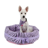 Pinkaholic Lavender Zebra "Leo" Luxury Dog Bed with Reversible Cushion and Bone Toy - Daisey's Doggie Chic